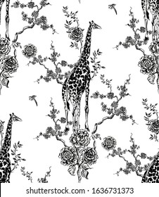 Seamless Pattern Giraffe Animal in Rose Flowers, Chinese Style Outline Toile Drawing, Chinoiserie Hand Drawn Wallpaper Design, Oriental Floral Lithography Print, Tropical Safari Wildlife