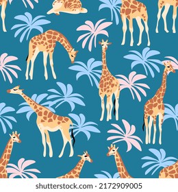 Seamless pattern with giraffe. Beautiful tropical pattern with giraffes and palm trees. Vector Illustration. Great for fabric, textile, wallpaper. 