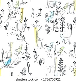 Seamless pattern with giraffe, birds, cats and flowers
