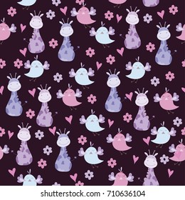 Seamless pattern with giraffe and bird.Seamless background with giraffe for scrapbook, for a card, for baby Shower, wallpaper, fabric.