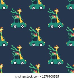 Seamless pattern with giraffe Christmas rides in a car with gifts and a Christmas tree.Stock flat illustration.