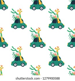 Seamless pattern with giraffe Christmas rides in a car with gifts and a Christmas tree.Stock flat illustration.