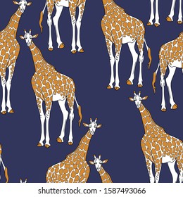 Seamless pattern with giraffe in contemporary style on blue background. Line art.
