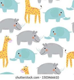 Seamless pattern with giraffe, elephant and Rhino. Vector illustration for printing on fabric, Wallpaper, dishes, postcard, picture, bed linen, children's products. Cute baby background.