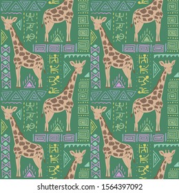 Seamless pattern of giraffe with ethnic ornament elements. Repetitive textile vector print, wallpaper design.