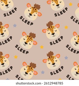 Seamless pattern with giraffe and the inscription "sleep". Hand-drawn illustration for nursery, bedding, fabrics, textiles and packaging. Cute animals for children's products and printing.