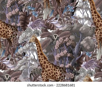 Seamless pattern with giraffe and jungle trees. Vector