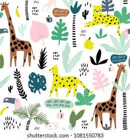 Seamless pattern with giraffe, leopard,tucan, monkey and tropical elemnts. Creative jungle childish texture. Great for fabric, textile Vector Illustration