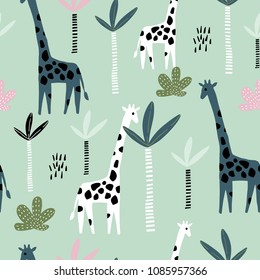 Seamless pattern with giraffe, leopard,tucan, monkey and tropical elemnts. Creative jungle childish texture. Great for fabric, textile Vector Illustration