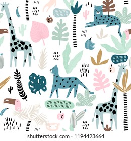 Seamless pattern with giraffe, leopard,tucan, monkey and tropical elements. Creative jungle childish texture. Great for fabric, textile Vector Illustration