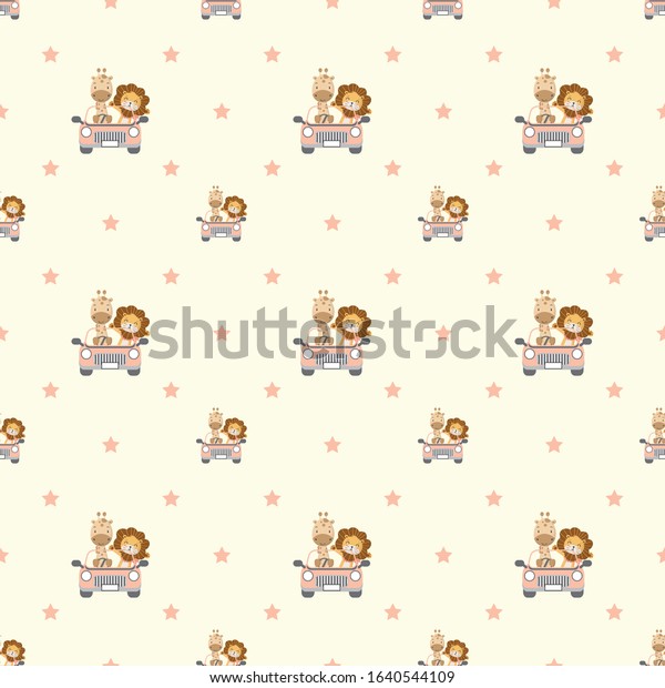Seamless pattern with giraffe and lion\
driving a car. creative pattern in the white\
backdrop