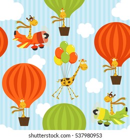 seamless pattern with giraffe on air transport - vector illustration, eps