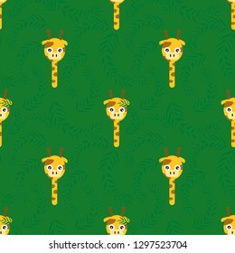 seamless pattern with giraffe on green background with branches