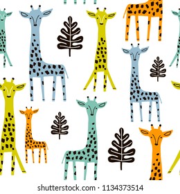 Seamless pattern with giraffe, palm branch and tropical background. Creative jungle childish texture. Great for fabric, textile Vector Illustration