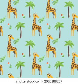 Seamless pattern with giraffe, palm and flowers on blue background. Vector illustration. 
