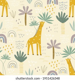 Seamless pattern with giraffe, palm trees and rainbow on yellow background. Vector illustration for printing on fabric, packaging paper, clothing. Cute baby background.