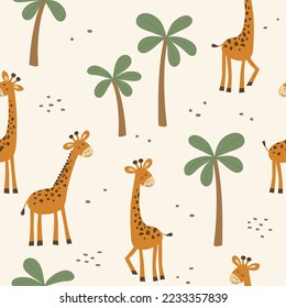 Seamless pattern with giraffe and palm. Vector illustration. Can be used for for nursery posters, patterns, wallpapers.