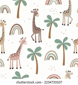 Seamless pattern with giraffe and palm. Vector illustration. Can be used for for nursery posters, patterns, wallpapers.