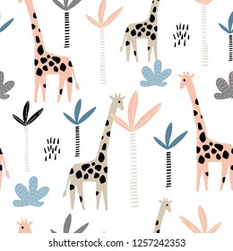 Seamless pattern with giraffe and palms tree. Creative jungle childish texture. Great for fabric, textile Vector Illustration