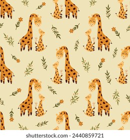 Seamless pattern with giraffe and plants in cartoon flat style. Happy Mothers day digital paper perfect for scrapbook paper, decor, background, fabric. Hand drawn vector pattern