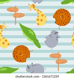 seamless pattern with giraffe rhino leopard and crocodile - vector illustration, eps