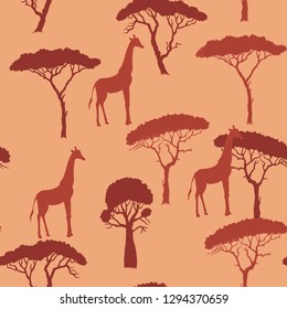 Seamless Pattern With Giraffe And Savanna Trees. Hand Drawn Sketches. Vector Illustration