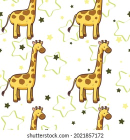 Seamless pattern giraffe and star cartoon vector illustration, White wallpaper background, This design can be used as a cute background and used as part of a design.