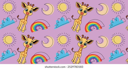 
Seamless pattern with giraffe, sun, clouds for posters, fabric prints and children's cards. Vector illustration.