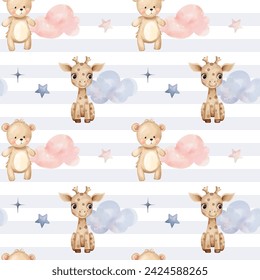 Seamless pattern with giraffe, teddy bear, cute childish wallpaper. Watercolor kids background in pastel colors