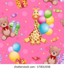 Seamless pattern with giraffe toy, teddy bear and balloons.