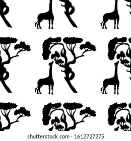 Seamless pattern with giraffe and tree silhouette. Vector hand drawn illustration on a beautiful background. Perfect for invitations, cards, prints, flyers, posters.