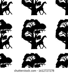Seamless pattern with giraffe and tree silhouette. Vector hand drawn illustration on a beautiful background. Perfect for invitations, cards, prints, flyers, posters.