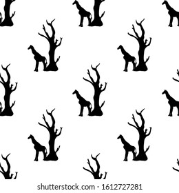 Seamless pattern with giraffe and tree silhouette. Vector hand drawn illustration on a beautiful background. Perfect for invitations, cards, prints, flyers, posters.