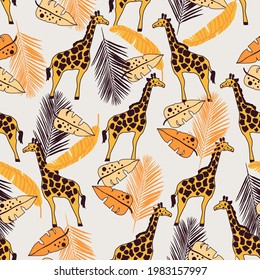 seamless pattern with giraffe and tropical leaves, vector design for paper, fabric and other surface