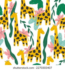 Seamless pattern with giraffe and tropical leaves, flowers. Childish jungle print. Vector hand drawn illustration.