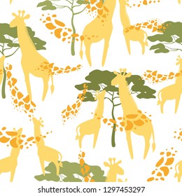 Seamless pattern giraffe wild africa. Colors 2019. Tropical exotic animals and plants pattern. Giraffe mom, baby and acacia, spots texture.1