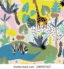 Seamless pattern with giraffe, zebra,tucan, and tropical landscape. Creative jungle childish texture. Great for fabric, textile Vector Illustration