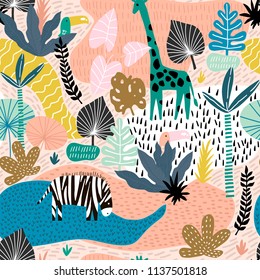 Seamless pattern with giraffe, zebra,tucan, and tropical landscape. Creative jungle childish texture. Great for fabric, textile Vector Illustration