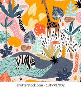 Seamless pattern with giraffe, zebra,tucan, and tropical landscape. Creative jungle childish texture. Great for fabric, textile Vector Illustration