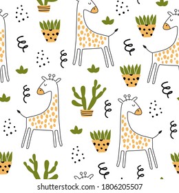 Nahtloses Muster mit Giraffen und handgezeichneten Elementen. Kreative Vektorgrafik, kalter Hintergrund für Gewebe, Textilien