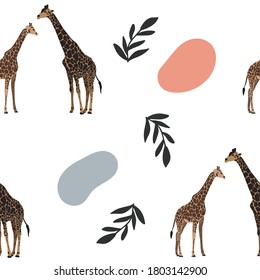 Nahtloses Muster mit Giraffen, abstrakten Plätzen und Pflanzen. Handgezeichnet. Illustration für den Druck auf Stoff, Kleidung, Schreibwaren, Betten, Umhüllungspapier.
