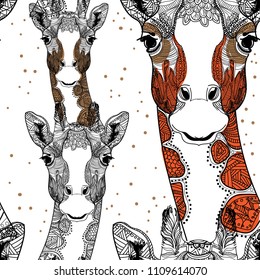 Seamless pattern with giraffes. African animals. Doodling, mandala pattern. Drawing by hand. Stylish background.