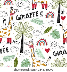 Patrón sin foco con jirafas. Animales de África, elementos de flora y fauna. Tale de hadas textil, papel de envoltura, fondo. Personajes animales para niños. Ilustración vectorial de dibujos animados.
