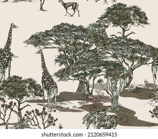 Nahtlose Muster-Giraffen, Antelope und Zebras in afrikanischer Landschaft, handgezeichnete Bäume mit Wildtieren, braune Earth Color Safari Print