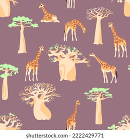 Seamless pattern with giraffes and baobabs. Beautiful tropical pattern with giraffes and baobabs trees. Vector Illustration.