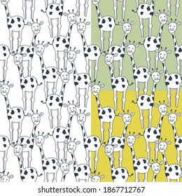 Seamless pattern with giraffes. Giraffes are drawn with a black outline and a white fill. One pattern is isolated, and two patterns have a colored background of green and yellow. Great for coloring