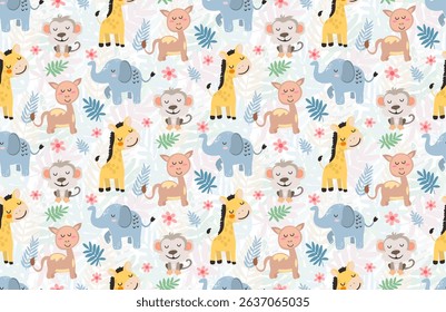 Seamless pattern with giraffes, elephants, monkeys, llama and tropical leaves in soft colors, nursery jungle design for baby clothes and wallpaper. Vector illustration.