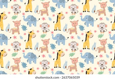 Seamless pattern with giraffes, elephants, monkeys, llama and tropical leaves in soft colors, nursery jungle design for baby clothes and wallpaper. Vector illustration.