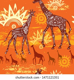 Seamless pattern with Giraffes and ethnic motifs