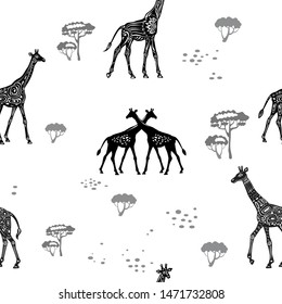 Seamless pattern with Giraffes and ethnic motifs